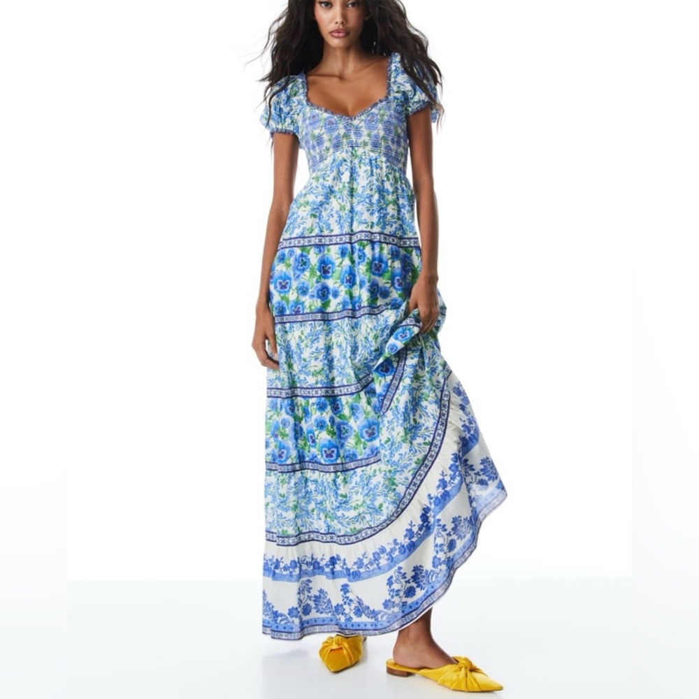 Alice + Olivia Blue Floral Tiered Maxi Dress with Puff Sleeves